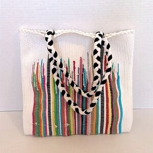 Etsy Handmade tote, unique colorful, upcycled fabric, handwoven on loom white